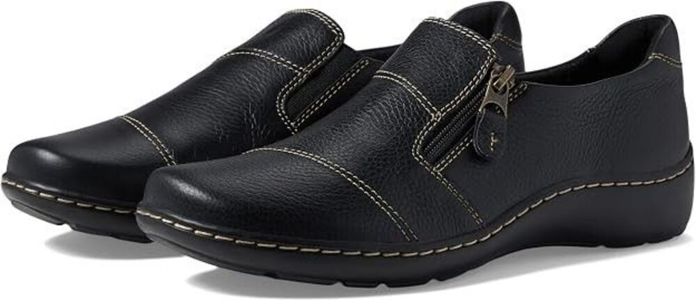 Clarks Women's Cora Harbor Leather Black Flat Slip On Shoes Size 5 New